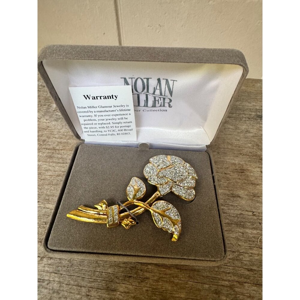 Nolan Miller Brooch The Pave Rose Pin Gold Tone Crystal Rhinestones.New in Box
